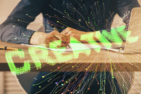 Creative start up concept hologram multi exposure with human hand background.