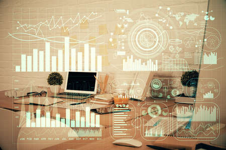 Multi exposure of stock market chart drawing and office interior background. Concept of financial...