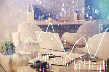 Double exposure of stock market graph drawing and office interior background. Concept of financial...