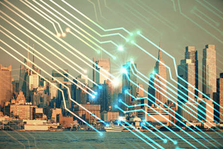Data theme hologram drawing on city view with skyscrapers background double exposure. Technology...