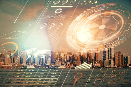 Data theme hologram drawing on city view with skyscrapers background double exposure. Technology...