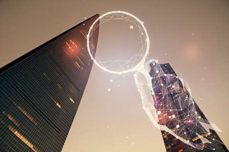 Double exposure of start up theme drawings over cityscape background. Concept of success.の写真素材