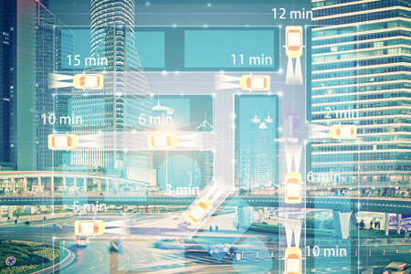 Double exposure of transport theme hologram drawing and city view background. Concept autopilot.