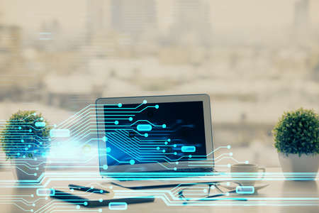 Double exposure of table with computer on background and data theme drawing. Concept of innovation.