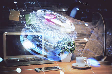 Multi exposure of desktop with computer on background and tech theme drawing. Concept of big data.