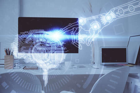 Double exposure of work space with computer and human brain drawing hologram. Brainstorm concept.