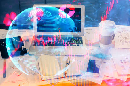 Multi exposure of business theme icons and work space with computer background. Concept of success.の写真素材