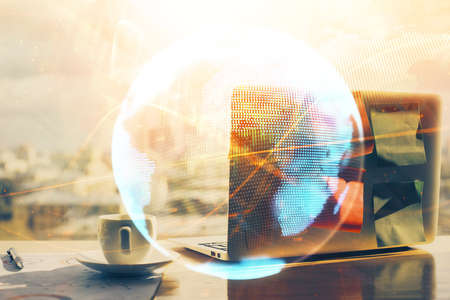Multi exposure of business theme icons and work space with computer background. Concept of success.