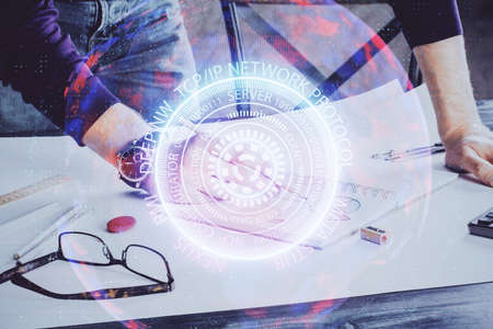 Close up of human hands and abstract innovative technologies for industries. Double exposure.