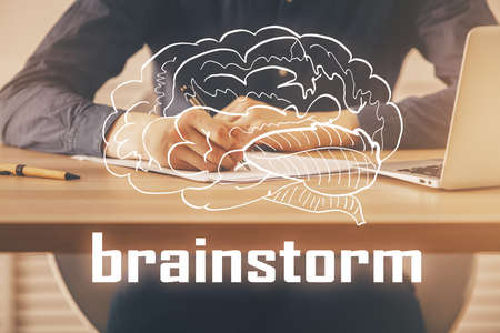 Creative start up concept hologram multi exposure with human hand background.