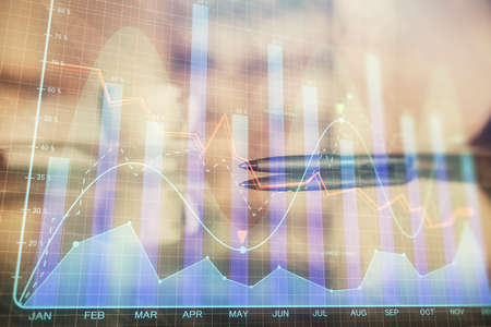 Double exposure of forex chart over coffee cup background in office. Concept of financial analysis...