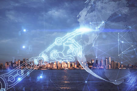 Double exposure of technology theme hologram and cityscape background. Concept of Hightech.