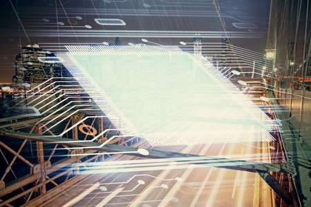 Data theme hologram drawing on city view with skyscrapers background double exposure. Ai concept.