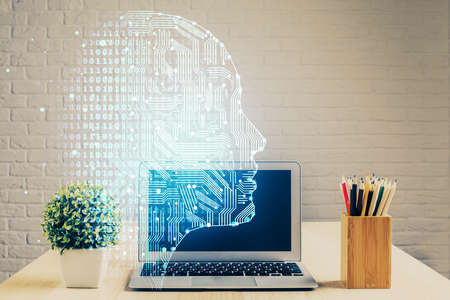 Double exposure of desktop with computer and brain drawing hologram. Artificial intelligence concept.の写真素材