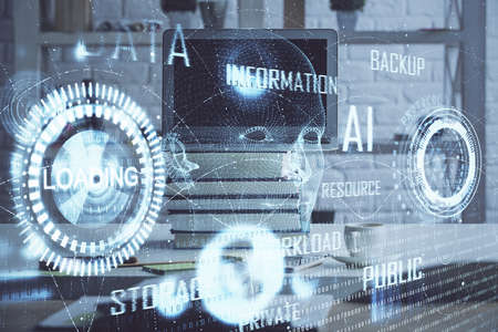Multi exposure of desktop computer and technology theme hologram. Concept of software development.の写真素材