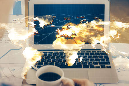 Multi exposure of business theme icons and work space with computer background. Concept of success.