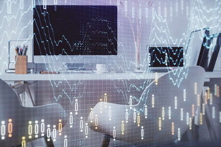 Double exposure of stock market graph drawing and office interior background. Concept of financial...