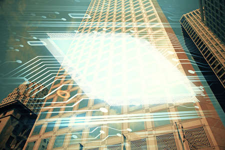Data theme hologram drawing on city view with skyscrapers background multi exposure. Bigdata...