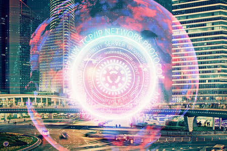 Double exposure of technology theme hologram and cityscape background. Concept of Hightech.