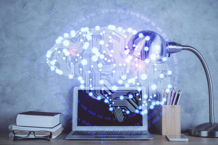 Double exposure of desktop computer and human brain drawing hologram. Ai concept.