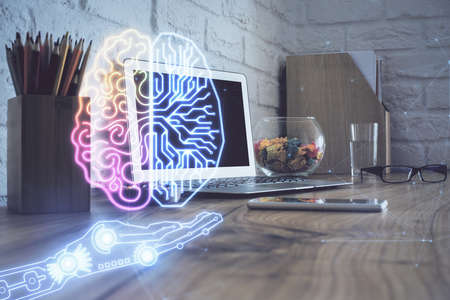 Double exposure of desktop computer and human brain drawing hologram. Ai concept.