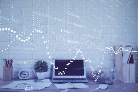 Multi exposure of desktop with personal computer and tech theme drawing. Concept of Bigdata.