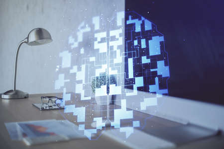 Double exposure of desktop computer and technology theme hologram. Concept of software development.