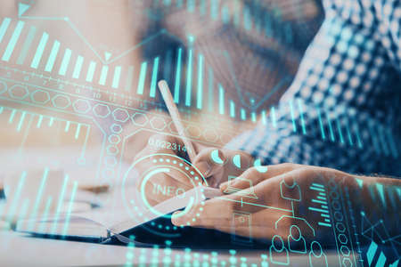 Close up of human hands and abstract innovative technologies for industries. Double exposure.
