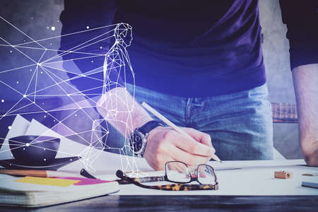 Creative start up concept hologram multi exposure with human hand background.の写真素材