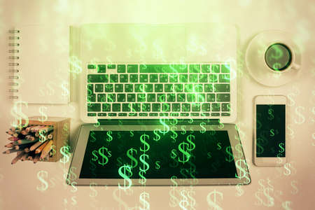 Stock market chart and top view computer on the table background. Multi exposure. Concept of financial analysis.の写真素材