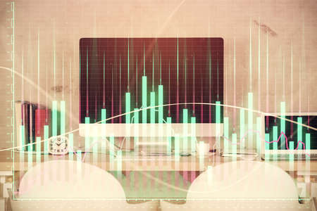 Multi exposure of stock market chart drawing and office interior background. Concept of financial...