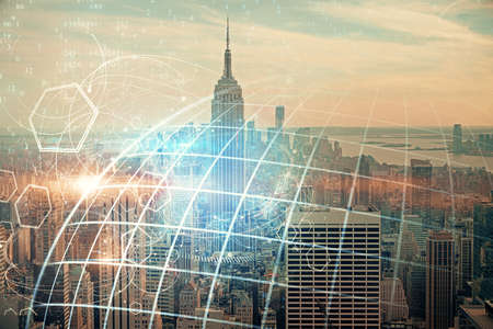 Map and data theme hologram on city view with skyscrapers background double exposure. International...
