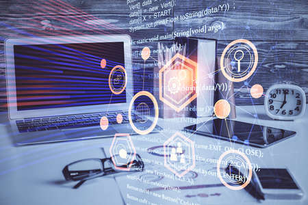 Multi exposure of desktop with computer on background and tech theme drawing. Concept of big data.