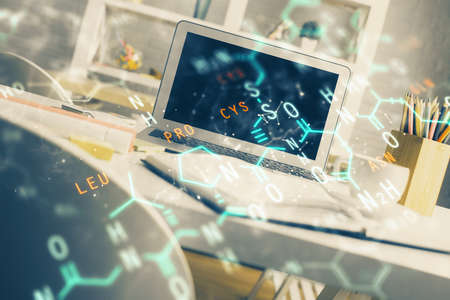 Desktop computer background and formula hologram writing. Double exposure. Education concept.