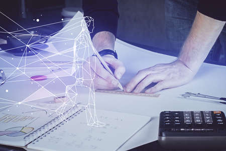 Creative start up concept hologram multi exposure with human hand background.の写真素材