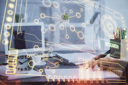 Multi exposure of woman hands on background with technology coding hologram. Data concept.