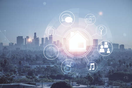 Double exposure of buildings hologram over cityscape background. Concept of smart city.