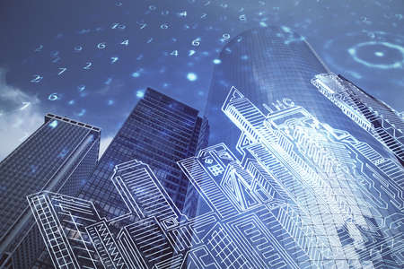 Double exposure of buildings hologram over cityscape background. Concept of smart city.