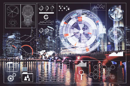 Data theme hologram drawing on city view with skyscrapers background multi exposure. Ai concept.
