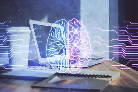 Multi exposure of work space with computer and human brain hologram. Brainstorm concept.の写真素材