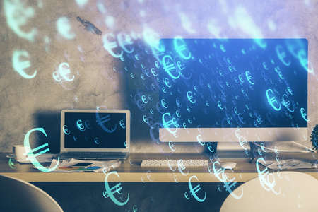 Double exposure of chart and financial info and work space with computer background. Concept of international online trading.の写真素材