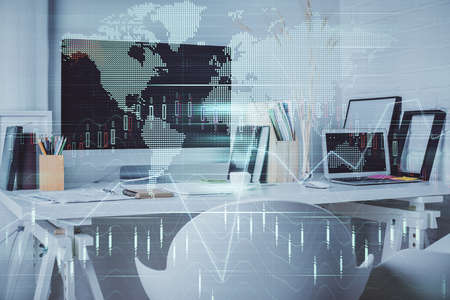 Double exposure of stock market graph drawing and office interior background. Concept of financial...