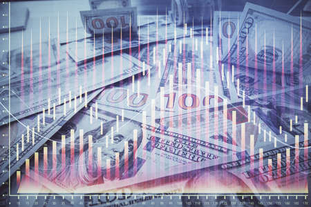 Multi exposure of forex chart drawing over us dollars bill background. Concept of financial success...