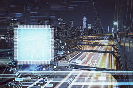 Data theme hologram drawing on city view with skyscrapers background double exposure. Ai concept.