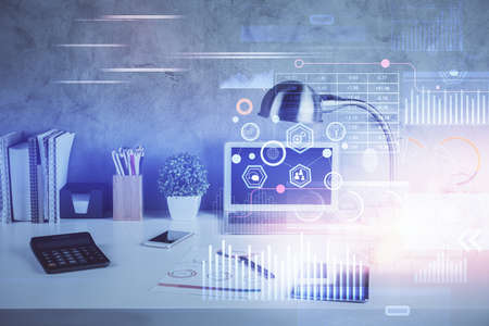 Multi exposure of table with computer on background and data theme drawing. Concept of innovation.