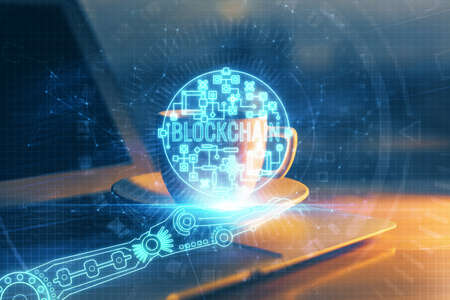 Multi exposure of blockchain and crypto economy theme hologram and table with computer background. Concept of bitcoin cryptocurrency.の写真素材