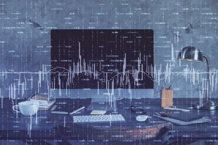 Double exposure of chart and financial info and work space with computer background. Concept of...