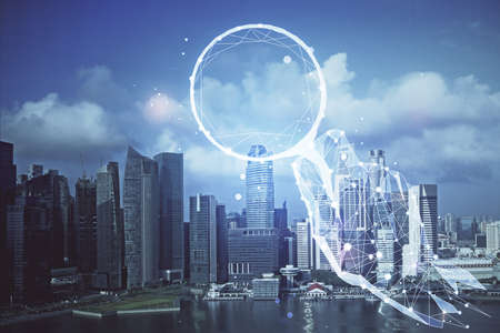 Double exposure of start up theme drawings over cityscape background. Concept of success.の写真素材