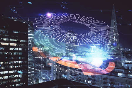 Data theme hologram drawing on city view with skyscrapers background multi exposure. Ai concept.