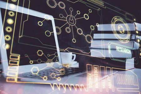 Double exposure of desktop with personal computer on background and tech theme drawing. Concept of...